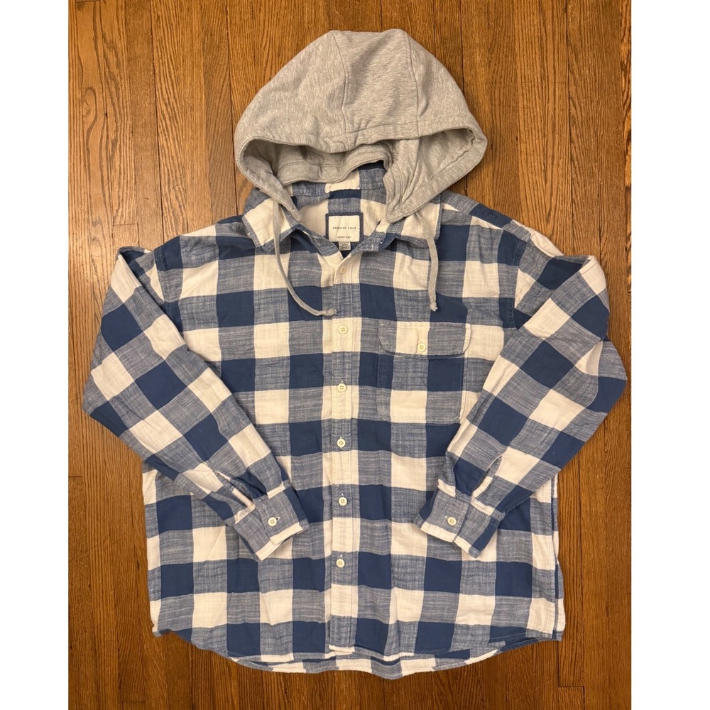 American Eagle Super Soft Flannel Shirt Blue White Plaid Detachable Hood Mens XL